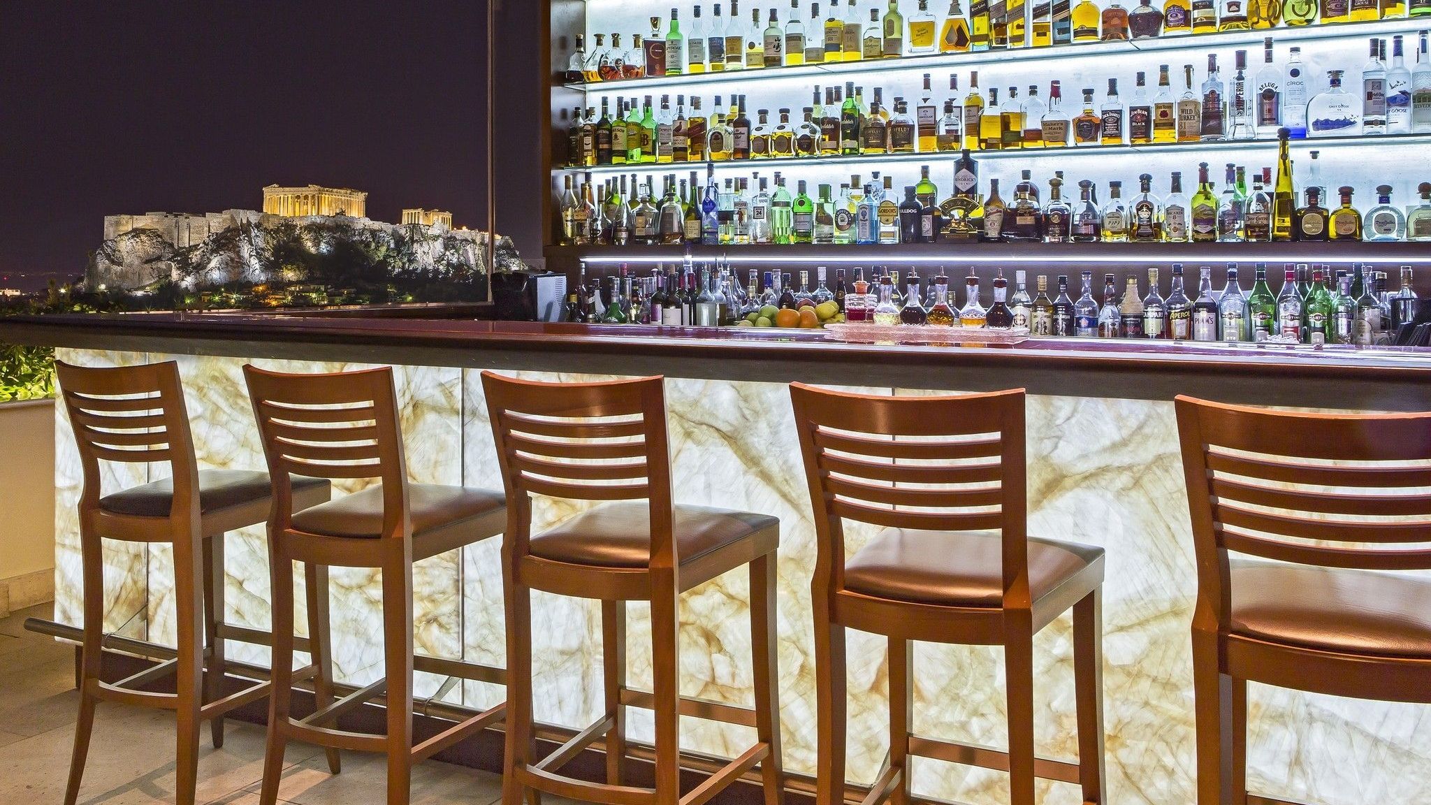 Acropolis view from the roof-top GB Roof Garden Bar at Hotel Grande Bretagne Athens