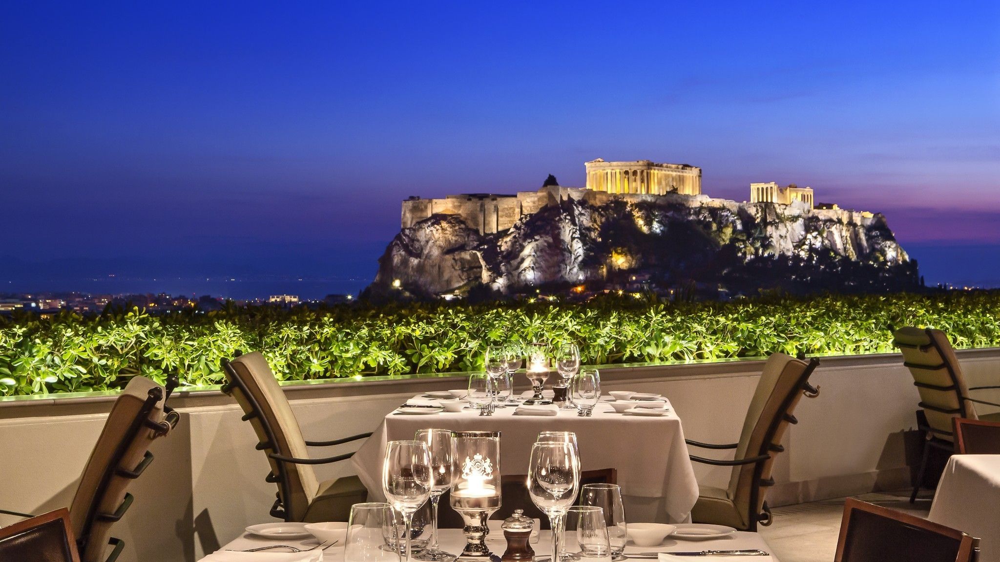Modern Greek Cuisine Acropolis view by night GB Roof Garden restaurant Hotel Grande Bretagne Athens