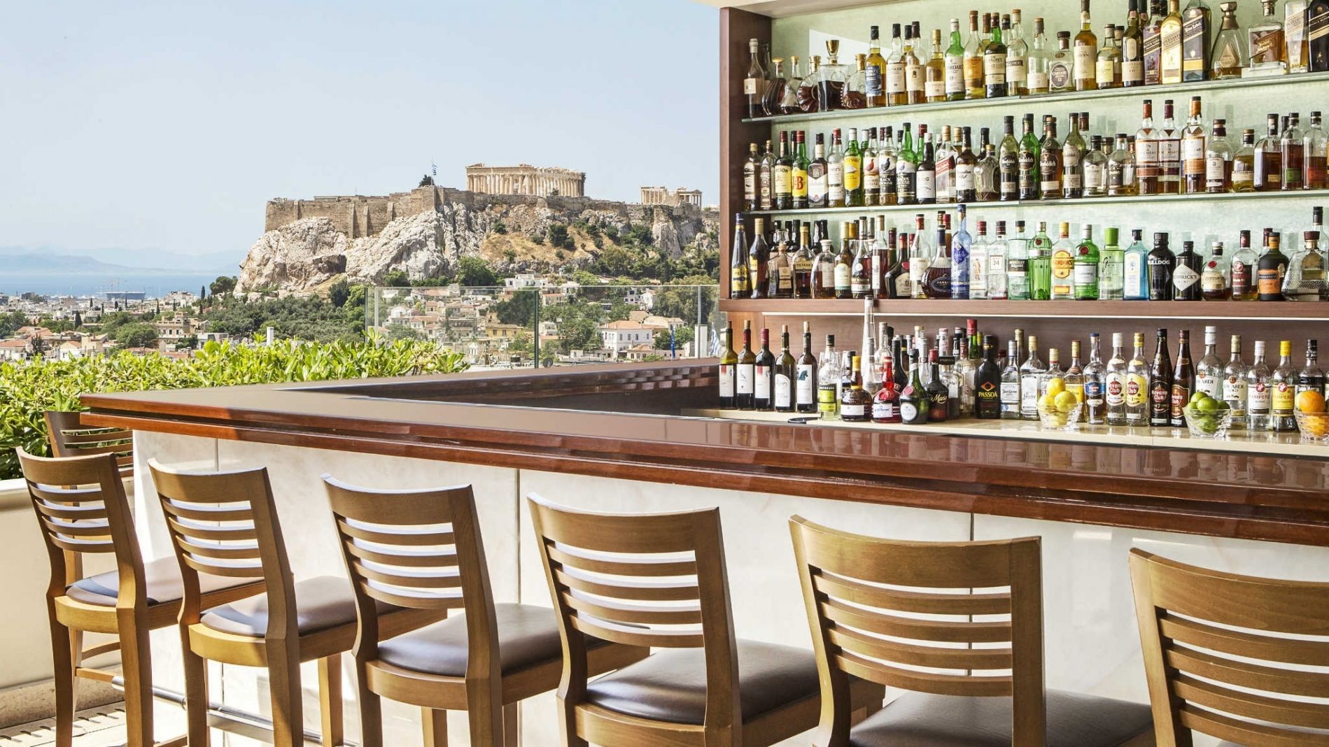 Acropolis view from the roof-top GB Roof Garden Bar at Hotel Grande Bretagne Athens