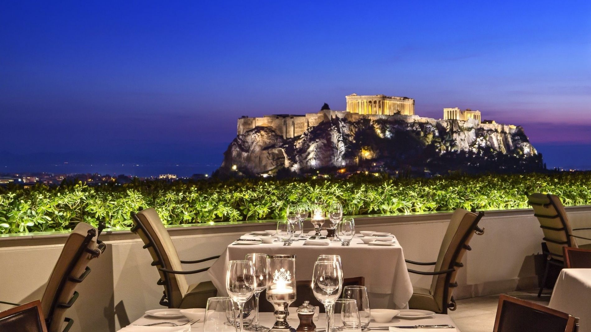 Modern Greek Cuisine Acropolis view by night GB Roof Garden restaurant Hotel Grande Bretagne Athens