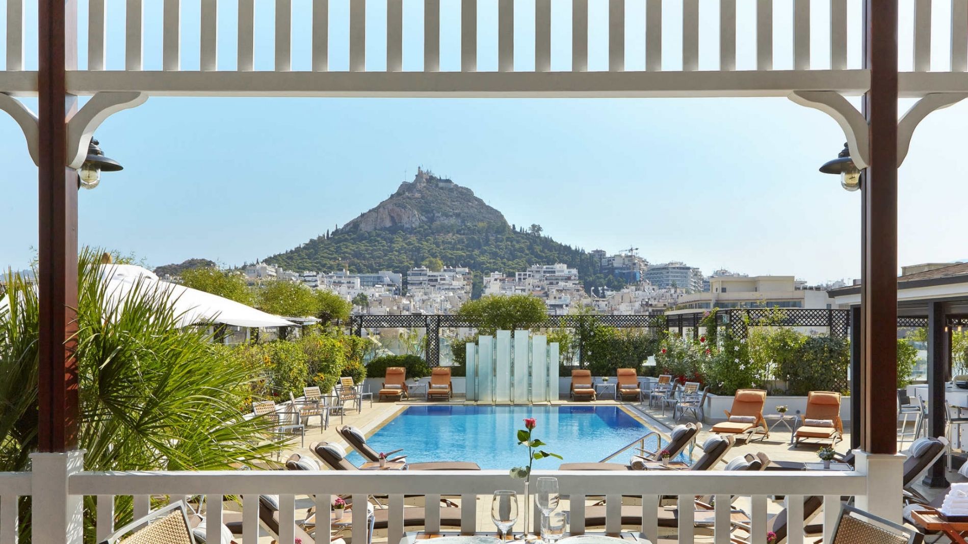 GB Pool Bar Outdoor Pool dining light lunch menu view to Lycabettus Hill Hotel Grande Bretagne